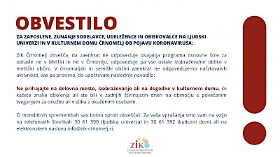 Obvestilo v zvezi pojavom koronavirusa v Beli krajini